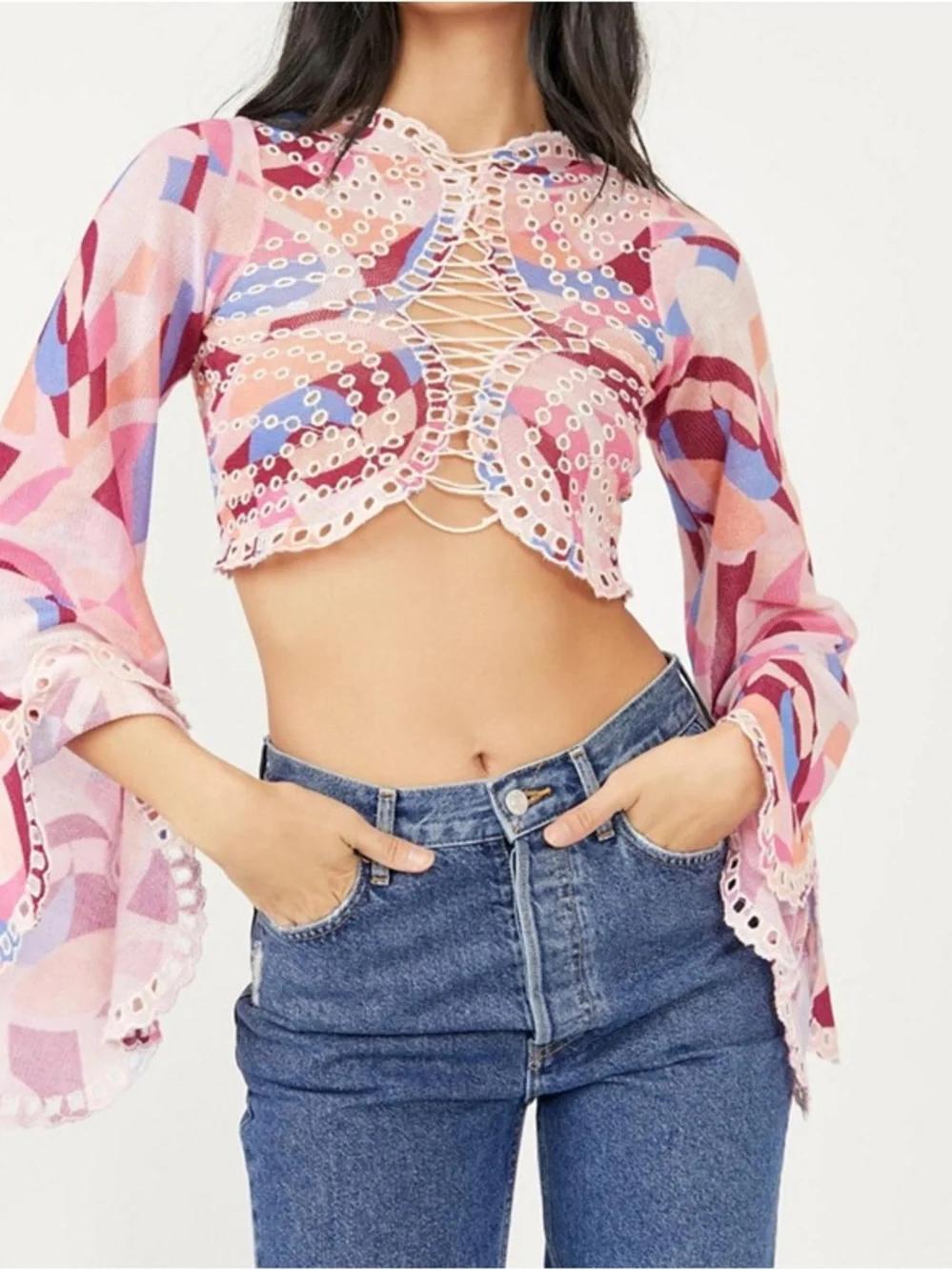 Free People Eyes On You Lace Up Retro Swirl Crop Top size XS